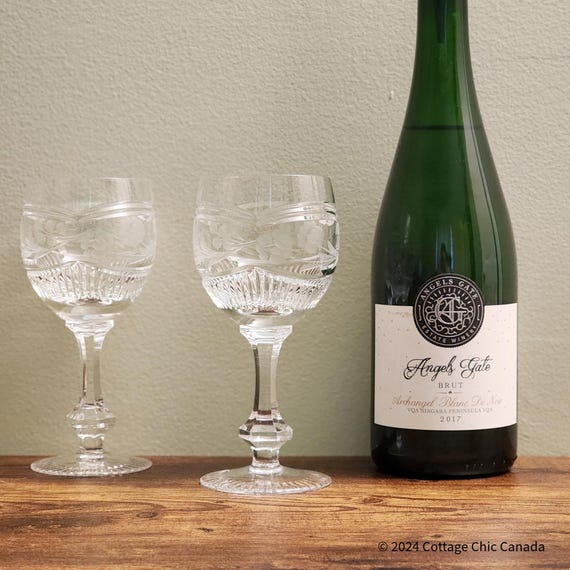 Bohemian Czech 6 oz Wine Glasses with Etched Floral Design, 24% Lead Crystal