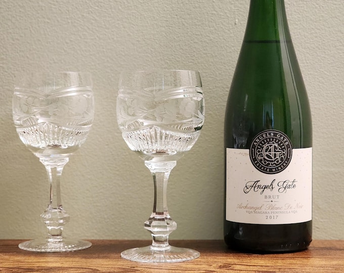 Bohemian Czech 6 oz Wine Glasses with Etched Floral Design, 24% Lead Crystal