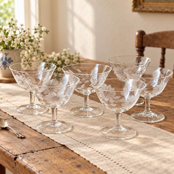 W.J. Hughes Cornflower Champagne Coupe Sherbet Glasses, Hand Cut, Set of 6