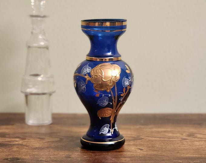 Czech Bohemian Hand-Painted Cobalt Blue Glass Vase with Gold Gilded Rose