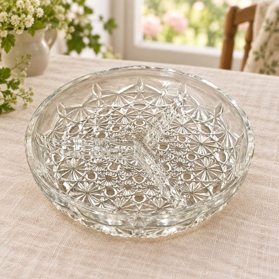 Vintage Veropa France Pressed Glass Relish Dish, Daisy & Button Design, Three Section Server *Fleabites