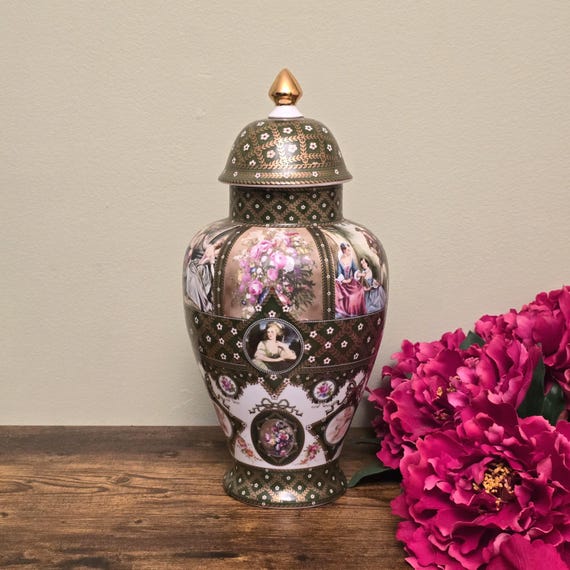 Rococo Inspired Hand Painted Porcelain Urn with Classical Scenes – Modern Decorative Reproduction Vase –  China