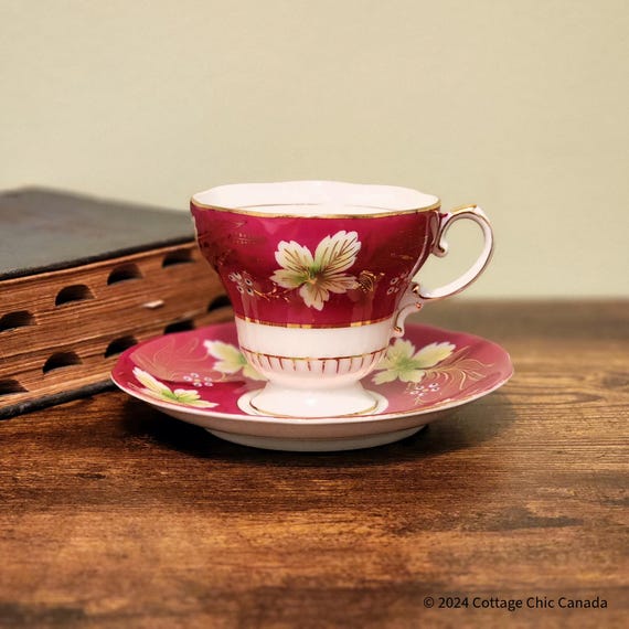 Shafford Japan Cup and Saucer – Burgundy Floral with Gold Trim – Mid Century Porcelain