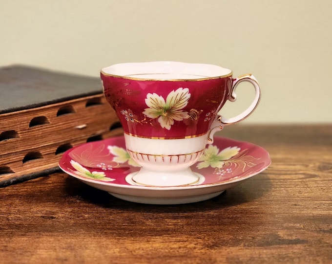 Shafford Japan Cup and Saucer – Burgundy Floral with Gold Trim – Mid Century Porcelain