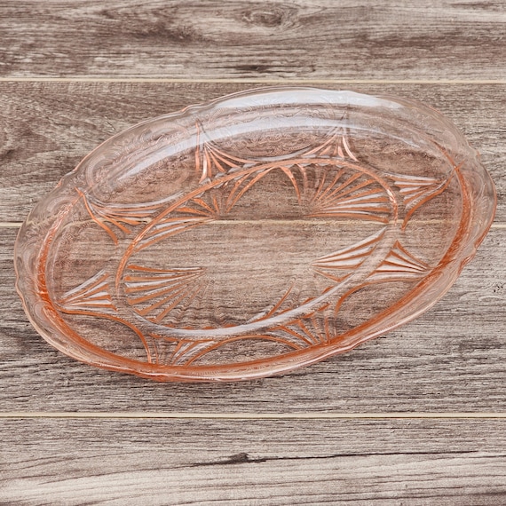 Hazel-Atlas Glass Royal Lace Pink Serving Platter – 1930s Vintage Art Deco Depression Era, USA