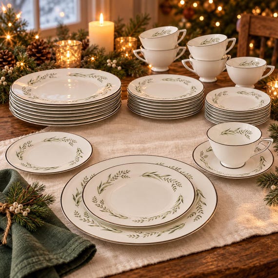Vintage Royal Doulton Zephyr Bone China Dinnerware Set, Green Leaf Motif (30 Pieces)