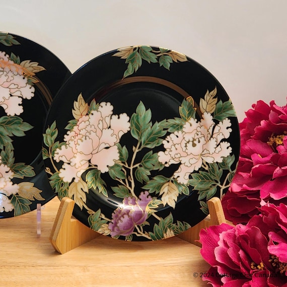 Fitz & Floyd Cloisonné Peony Black Accent Salad Plates, Set of 2