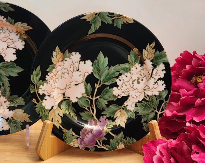 Fitz & Floyd Cloisonné Peony Black Accent Salad Plates, Set of 2