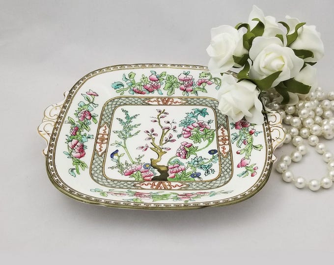 Coalport Indian Tree Scalloped Square Cake Plate with Handles, English Fine Bone China, Antique 1891-1919