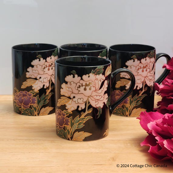 Fitz & Floyd Cloisonné Peony Black Coffee Mugs - Set of 4 or 6