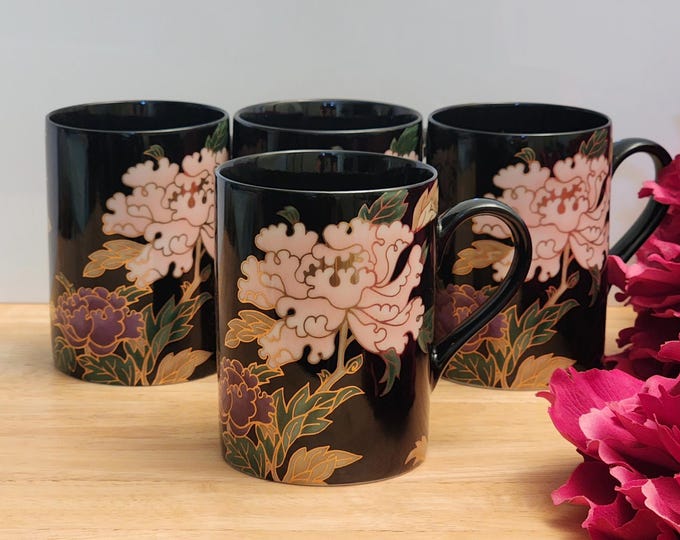 Fitz & Floyd Cloisonné Peony Black Coffee Mugs - Set of 4 or 6