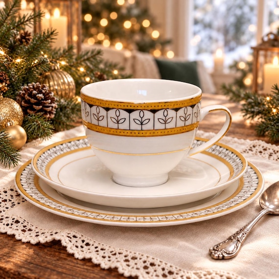 Vintage Adeline Porcellana Tea Trio, Silver Tulip Gold Trim, Footed Teacup, Saucer & Dessert Plate