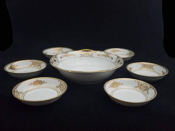 Vintage Noritake Moriage 7-Piece Berry Bowl Set – Gold Floral Porcelain with Art Deco Influence