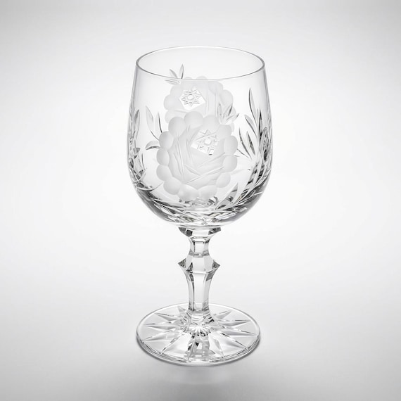 Vintage Beyer Crystal Etched Wine Glass – Hand Cut Floral Goblet Czechoslovakia
