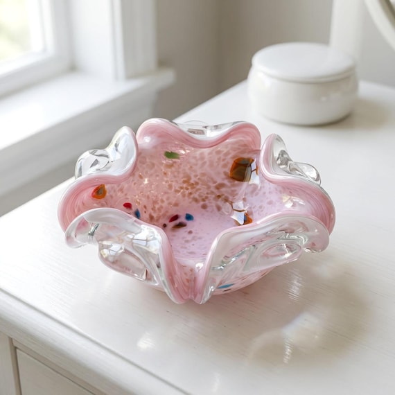 Tutti Frutti Pastel Pink Vintage Murano Spatter Glass Bowl – Attributed to Dino Martens Italy