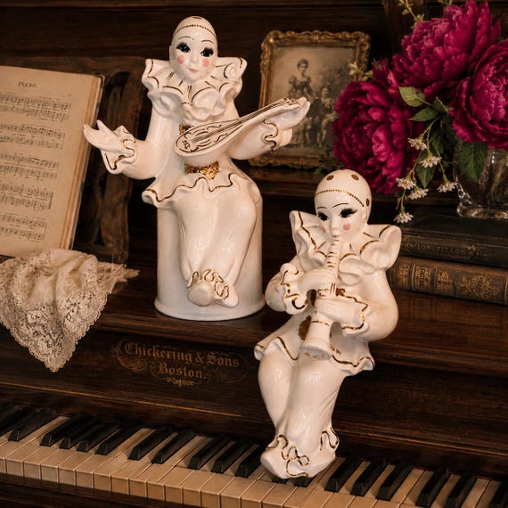Tall Porcelain Harlequin Pierrot Clown Figurines 22K Gold Musicians – Vintage Hollywood Regency