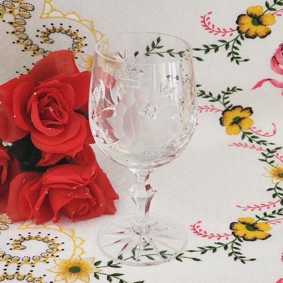 Vintage Beyer Lead Crystal Wine Glass, Hand-Cut Grey Rose Goblet, Czech Republic