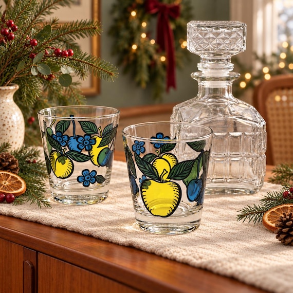 Vintage Dominion Glass Tumblers, Hand-Painted Fruit Floral Juice Glasses (Set of 2)