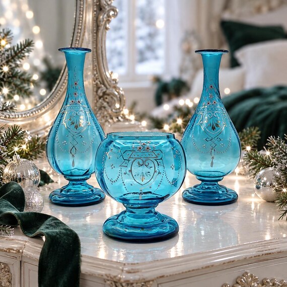 Antique Victorian Aqua Glass Vanity 3-Piece Set, Hand Painted Floral & Gilt, Late 1800s