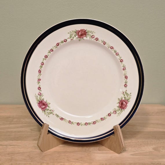 Vintage Alfred Meakin Bleu de Roi Dinner Plates, Rose Garland, Gold Trim (Set of 6)