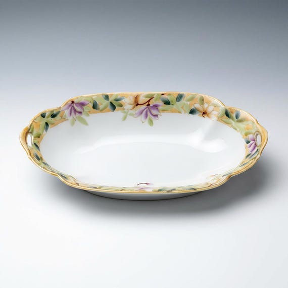 Antique Morimura Nippon Relish Dish – Hand Painted Floral Bowl with Scalloped Edge & Gold Beading