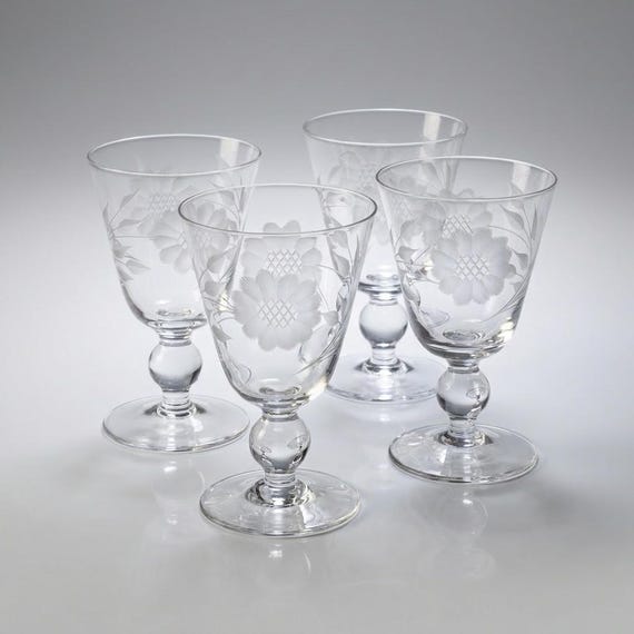 Vintage Hughes Cornflower Wine Glasses Set of 4 Ball Stem Etched Crystal Toronto Canada