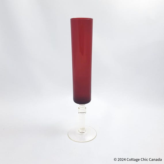 Mid Century Ruby Red Fluted Champagne Glass – Vintage Bud Vase Modern Home Decor Gift