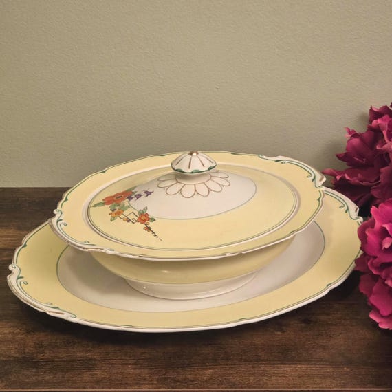 Staffordshire Floral Covered Vegetable Bowl and Platter – Vintage Art Deco Pottery England