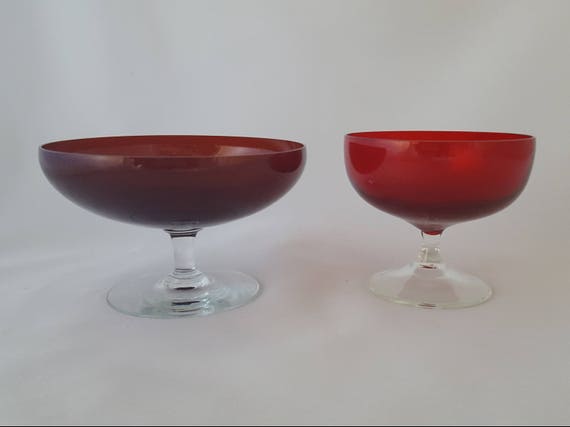 Mid Century Ruby Red Margarita Glasses Pair – Vintage Atomic Age Champagne Stemware
