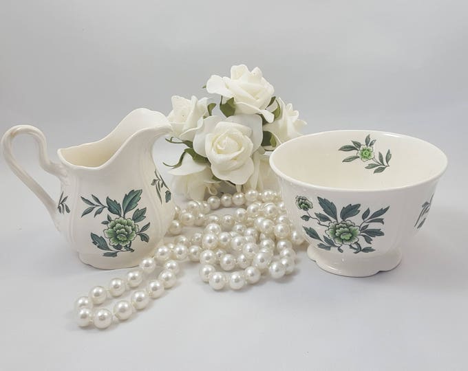 Wedgwood Green Leaf Creamer and Sugar Bowl Set, Stoneware Dinnerware Made in England