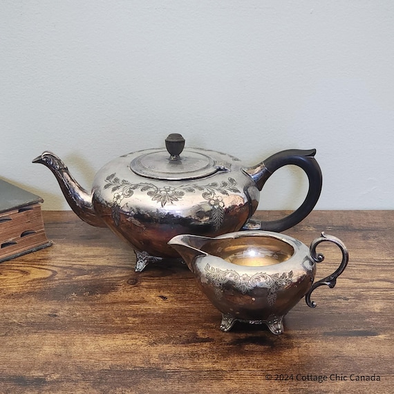 Art Nouveau Silverplate Teapot & Creamer Set: Edwardian Floral Repoussé