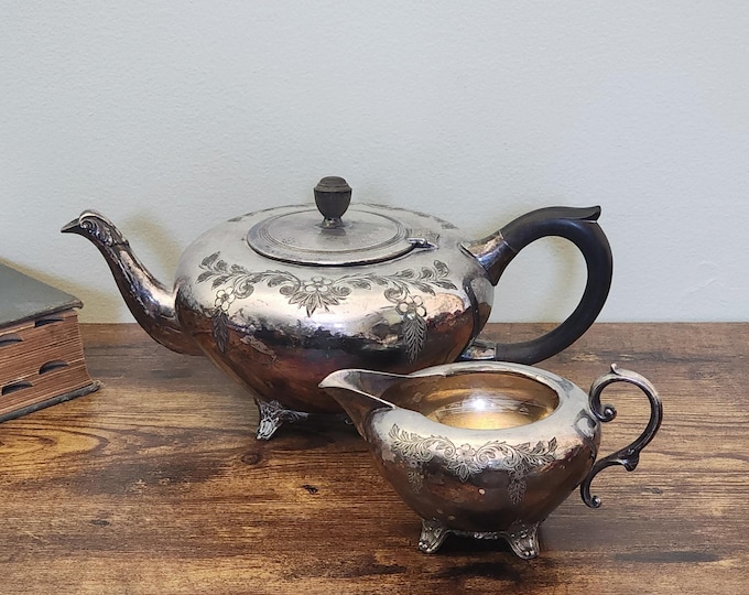 Standard Silver Co. EPBM Silverplate Teapot & Creamer Set – Art Nouveau Floral Repoussé Design, Edwardian Era