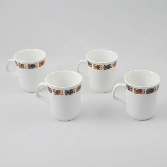 Vintage 1970s English Coffee Mugs Set of 4 Geometric Floral Earthenware
