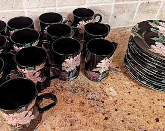 Fitz & Floyd Cloisonné Peony Black Coffee Mugs and Accent Salad Plates