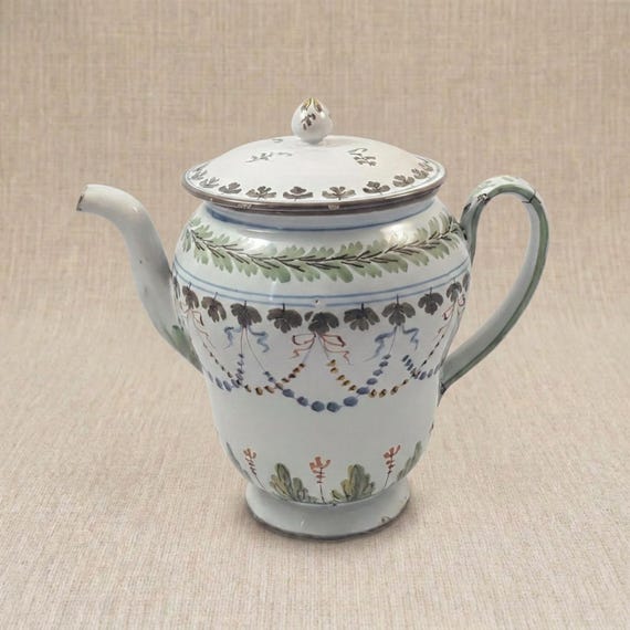 Antique Hand Painted Ceramic Brocca Pitcher with Lid, 19th Century Style European Folk Art