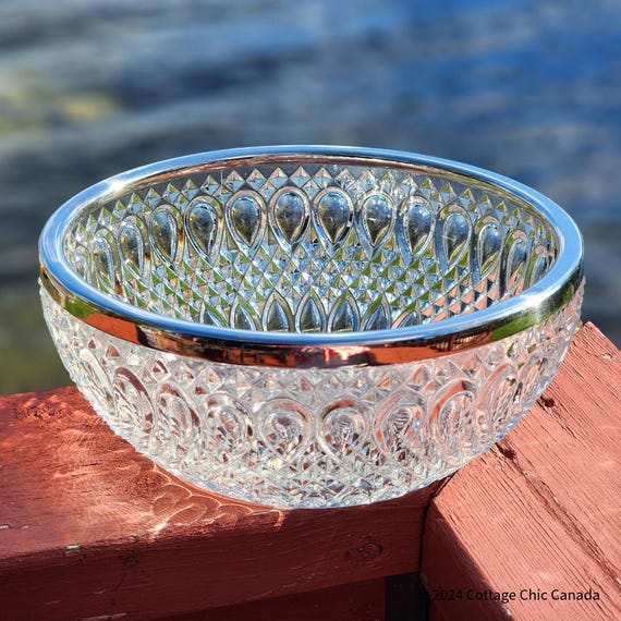 Mid Century Diamond Point Lead Crystal Centerpiece Bowl Silver Plate Rim Falstaff England