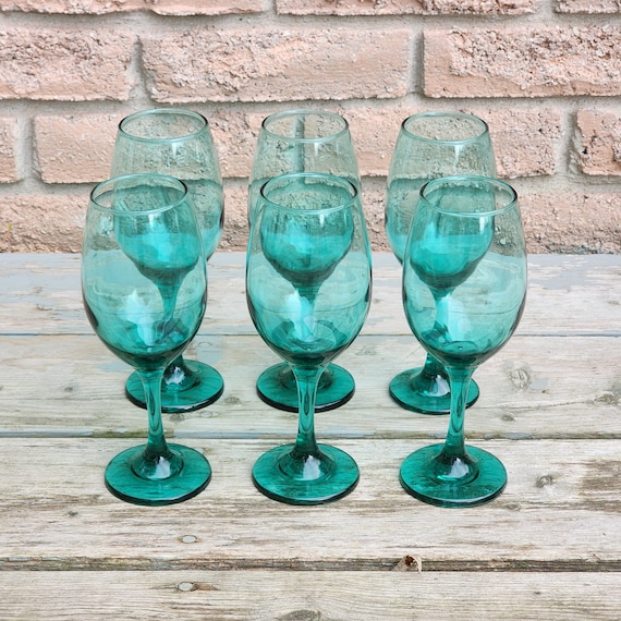 Set of 6 Vintage Libbey Wine Glasses – Seafoam Teal Green Retro Barware, 8 oz