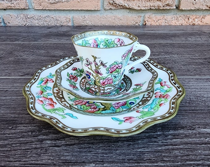 Coalport Indian Tree Bone China Cup & Saucer Trio Set, Florals and Scalloped Edge