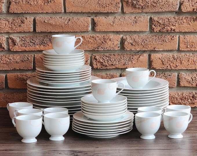 Mikasa Classic Flair Peach with Orchid 60 Piece Dinnerware Set for 12 Designed by Helena Uglow