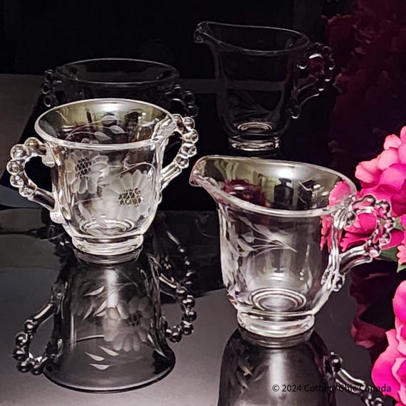 Hughes Cornflower Creamer Sugar Set – Imperial Glass Candlewick Beaded Edge Etched Crystal, USA & Canada