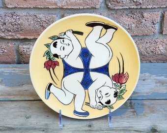 Vintage Hand Painted Sumo Wrestlers on a Ceramic Plate
