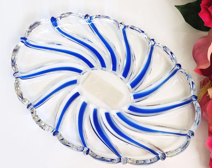 Mikasa Peppermint Cobalt Oval Sweet Meat Dish, Vintage Clear Glass Candy Bowl with Blue Swirls