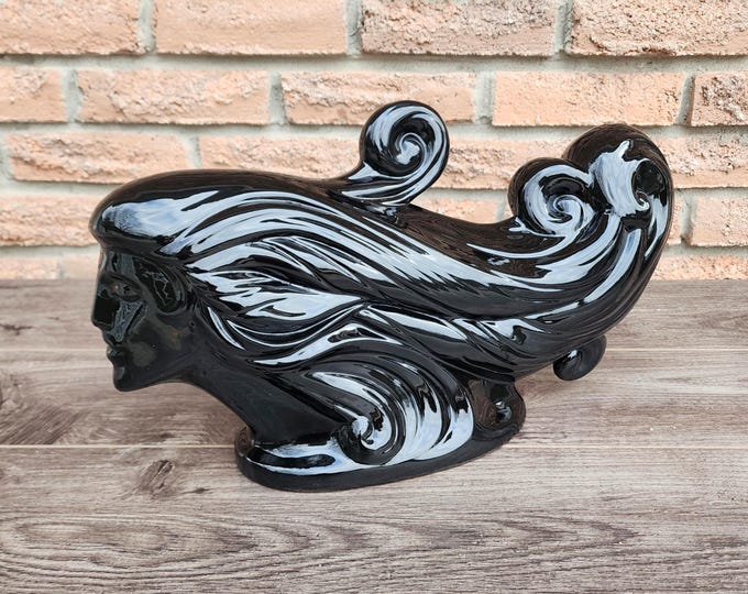 Bluz Designs Postmodern Art Black Ceramic Woman's Head Sculpture with Beautiful Flowing Hair in the Wind
