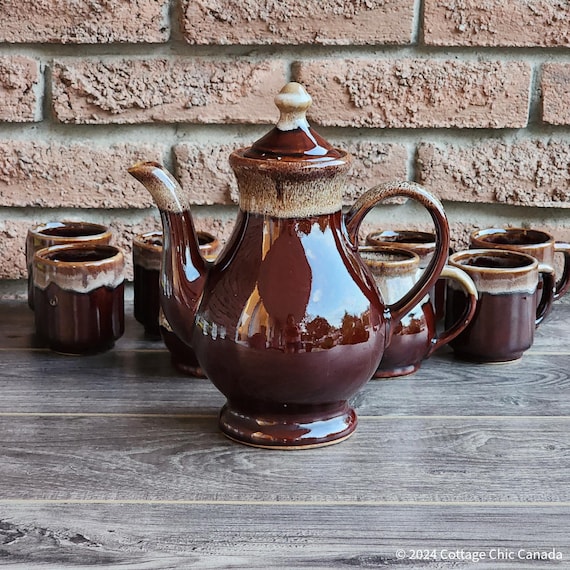 Vintage Brown Drip Glaze Pottery Tea Set - 10 Piece 1970s Stoneware Taiwan