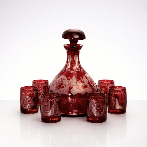 Bohemian Egermann Ruby Red Cut-to-Clear Crystal Decanter Cordial Set – Vintage Mid Century Czech