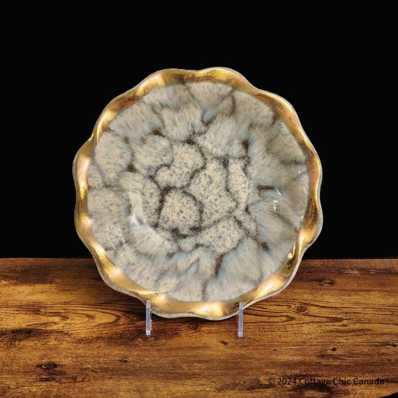 German Art Pottery Bowl with Gold Scalloped Rim and Crystalline Glaze #429