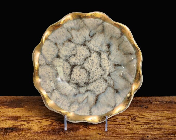 German Art Pottery Bowl with Gold Scalloped Rim and Crystalline Glaze #429