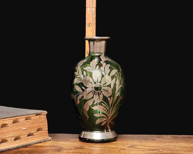 Art Nouveau Murano Green Glass Decanter | Silver Overlay | San Marino Crest