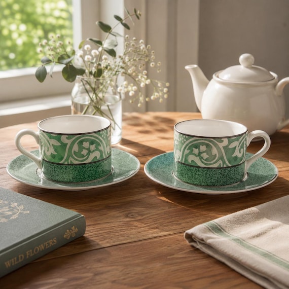 Sango Pavilion Green Teacup and Saucer, Vintage Japan Porcelain Tea Cups (Set of 2)