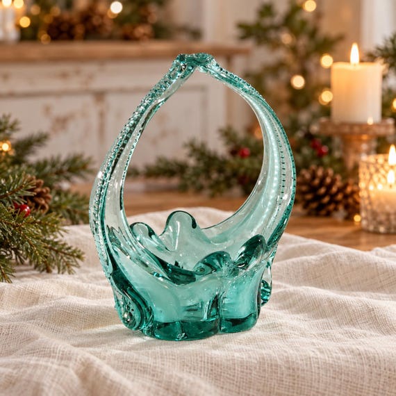 Vintage Teal Hand Blown Art Glass Basket, Free Form Sculptural Decor